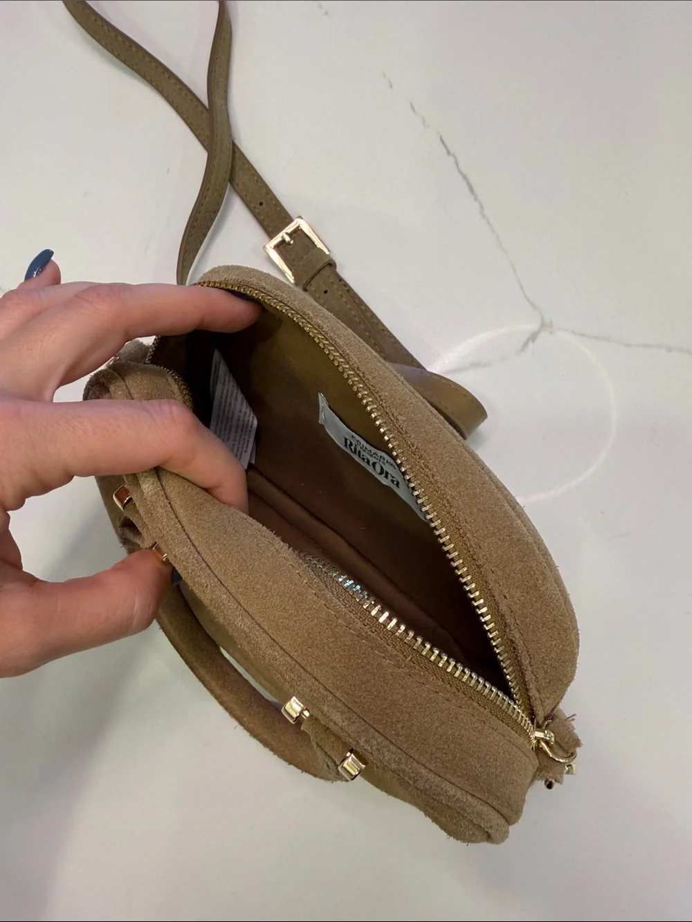Suede Crossbody Mini Satchel in Light Brown
